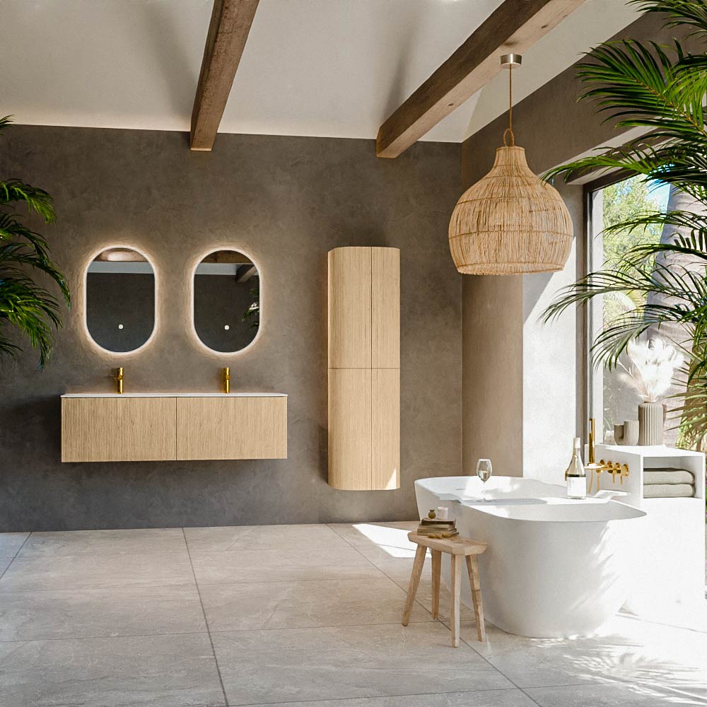 MONDIAZ KURVE 140cm mueble de baño color Oak con 2 cajones y sin puerta. Lavabo BIG SMALL Doble 2 orificios Talc. 3 MONDIAZ KURVE 140cm mueble de baño color Oak con 2 cajones y sin puerta. Lavabo BIG SMALL Doble 2 orificios Talc. - Imagen 3