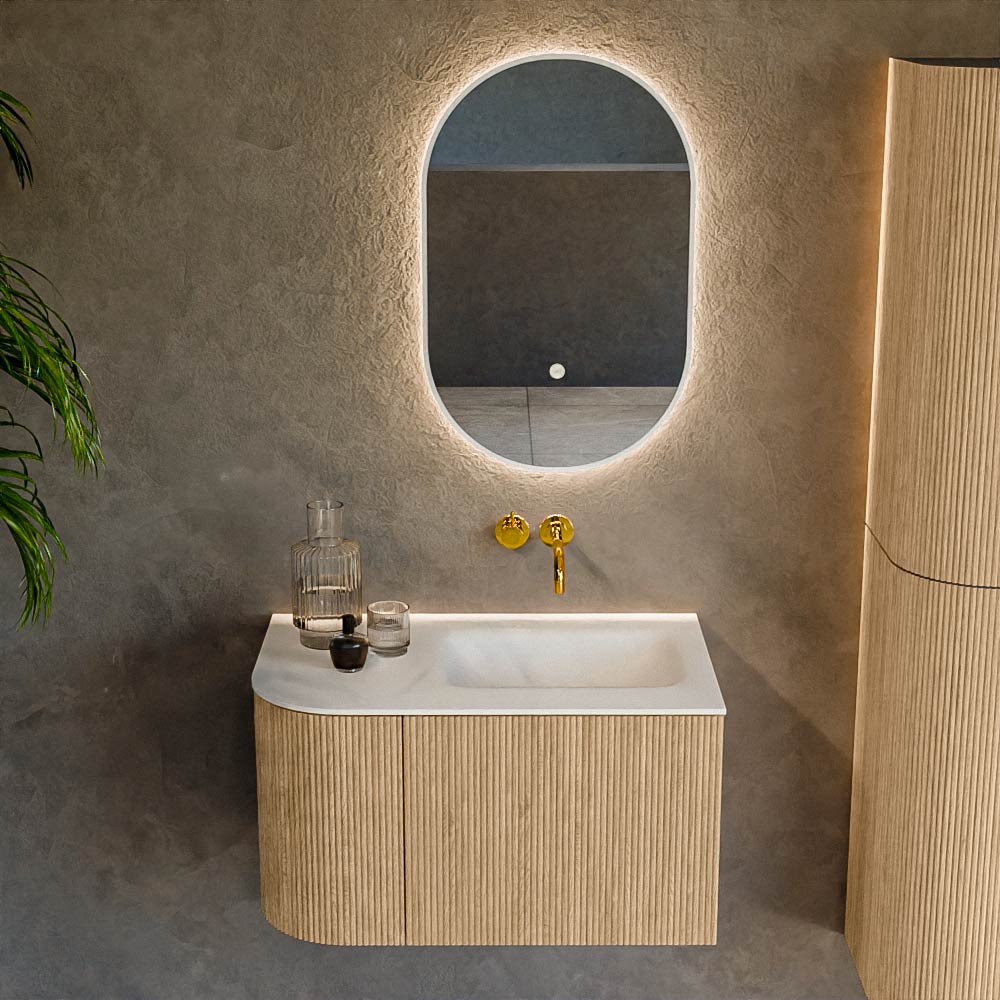 MONDIAZ KURVE 75cm mueble de baño curva Izquierda color Oak con 1 cajón y 1 puerta. Lavabo GRUNNE Derecho sin orificio Talc. 2 MONDIAZ KURVE 75cm mueble de baño curva Izquierda color Oak con 1 cajón y 1 puerta. Lavabo GRUNNE Derecho sin orificio Talc. - Imagen 2