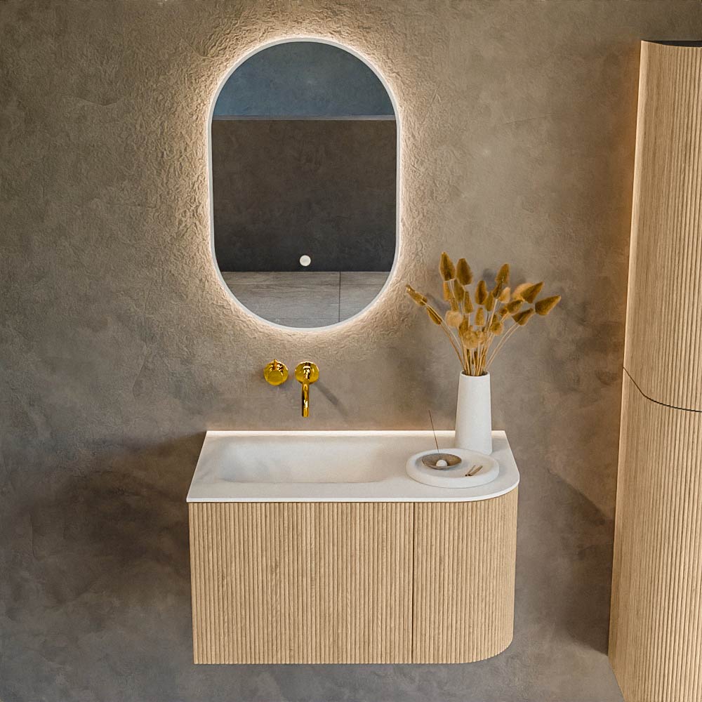 MONDIAZ KURVE 75cm mueble de baño curva Derecha color Oak con 1 cajón y 1 puerta. Lavabo GRUNNE Izquierda sin orificio Talc. 2 MONDIAZ KURVE 75cm mueble de baño curva Derecha color Oak con 1 cajón y 1 puerta. Lavabo GRUNNE Izquierda sin orificio Talc. - Imagen 2