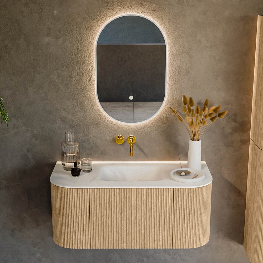 MONDIAZ KURVE 100cm mueble de baño curva Izquierda + Derecha color Oak con 1 cajón y 2 puertas. Lavabo GRUNNE Centro sin orificio Talc. 2 MONDIAZ KURVE 100cm mueble de baño curva Izquierda + Derecha color Oak con 1 cajón y 2 puertas. Lavabo GRUNNE Centro sin orificio Talc. - Imagen 2