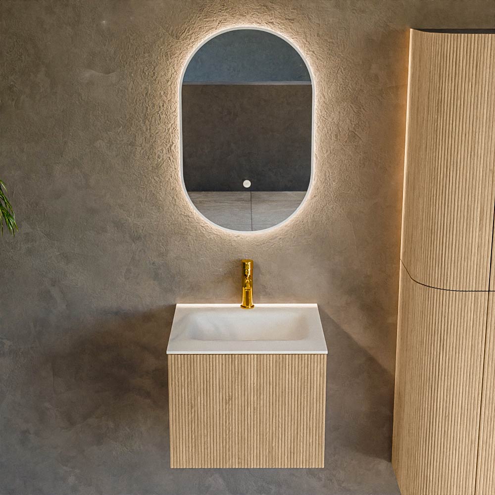 MONDIAZ KURVE 50cm mueble de baño color Oak con 1 cajón y sin puerta. Lavabo GRUNNE Centro 1 orificio Talc. 2 MONDIAZ KURVE 50cm mueble de baño color Oak con 1 cajón y sin puerta. Lavabo GRUNNE Centro 1 orificio Talc. - Imagen 2