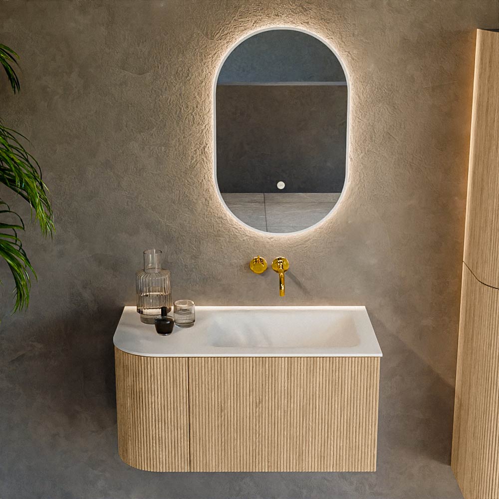 MONDIAZ KURVE 85cm mueble de baño curva Izquierda color Oak con 1 cajón y 1 puerta. Lavabo CLOUD Derecho sin orificio Talc. 2 MONDIAZ KURVE 85cm mueble de baño curva Izquierda color Oak con 1 cajón y 1 puerta. Lavabo CLOUD Derecho sin orificio Talc. - Imagen 2
