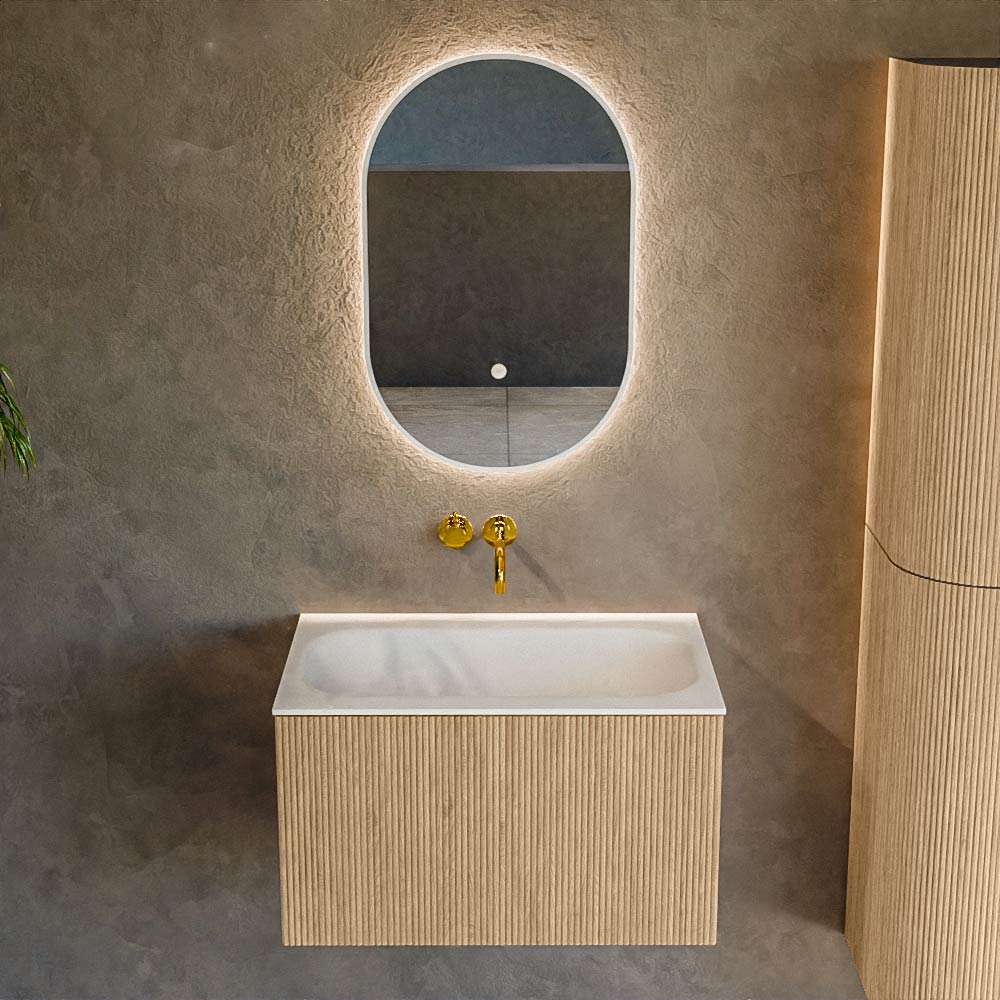 MONDIAZ KURVE 70cm mueble de baño color Oak con 1 cajón y sin puerta. Lavabo BIG SMALL Centro sin orificio Talc. 2 MONDIAZ KURVE 70cm mueble de baño color Oak con 1 cajón y sin puerta. Lavabo BIG SMALL Centro sin orificio Talc. - Imagen 2
