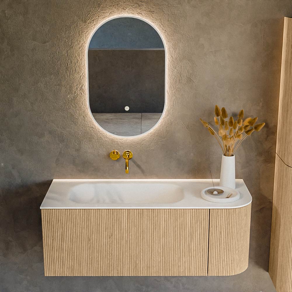 MONDIAZ KURVE 115cm mueble de baño curva Derecha color Oak con 1 cajón y 1 puerta. Lavabo BIG SMALL Izquierda sin orificio Talc. 2 MONDIAZ KURVE 115cm mueble de baño curva Derecha color Oak con 1 cajón y 1 puerta. Lavabo BIG SMALL Izquierda sin orificio Talc. - Imagen 2