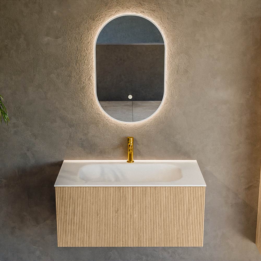 MONDIAZ KURVE 90cm mueble de baño color Oak con 1 cajón y sin puerta. Lavabo BIG SMALL Centro 1 orificio Talc. 2 MONDIAZ KURVE 90cm mueble de baño color Oak con 1 cajón y sin puerta. Lavabo BIG SMALL Centro 1 orificio Talc. - Imagen 2