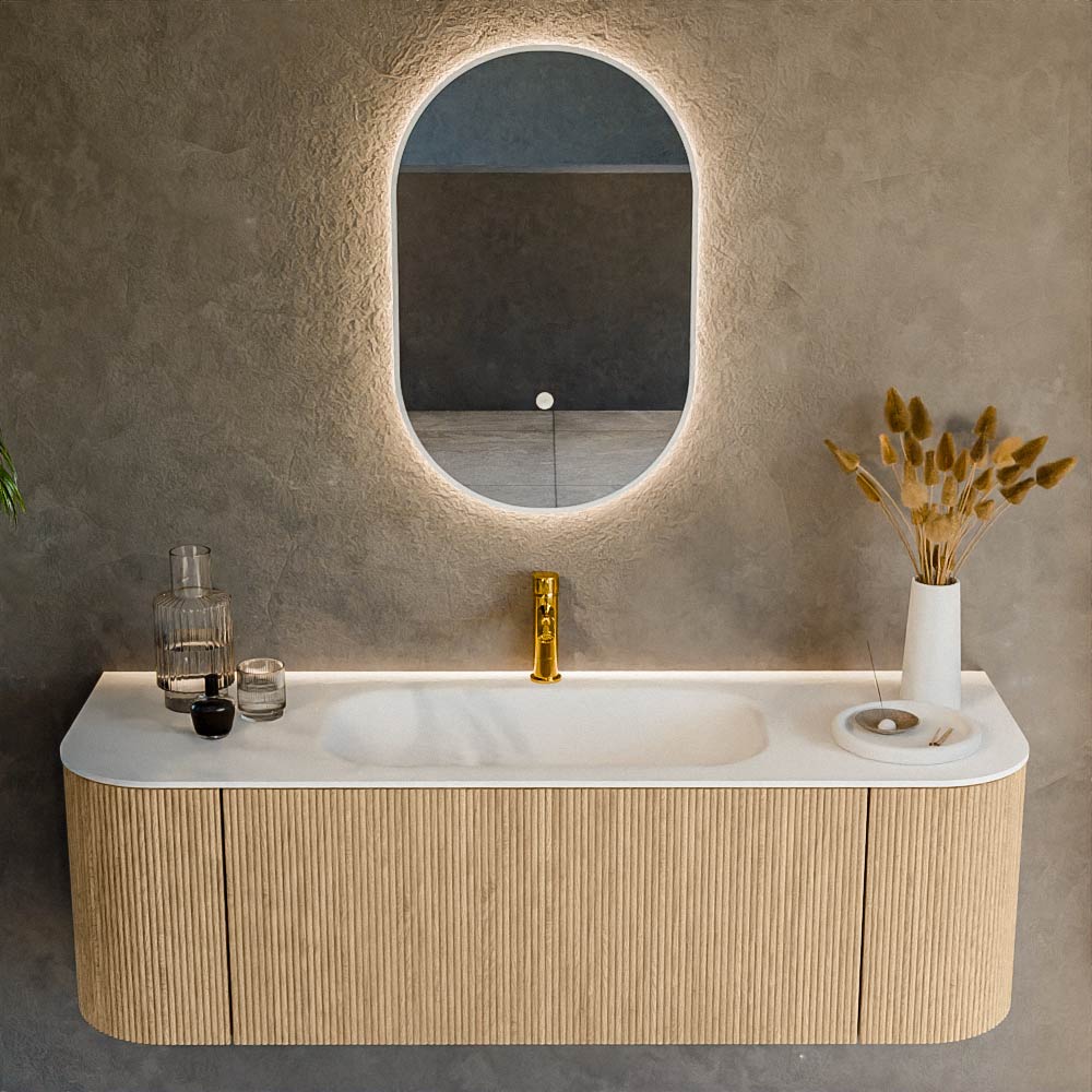 MONDIAZ KURVE 140cm mueble de baño curva Izquierda + Derecha color Oak con 1 cajón y 2 puertas. Lavabo BIG SMALL Centro 1 orificio Talc. 2 MONDIAZ KURVE 140cm mueble de baño curva Izquierda + Derecha color Oak con 1 cajón y 2 puertas. Lavabo BIG SMALL Centro 1 orificio Talc. - Imagen 2
