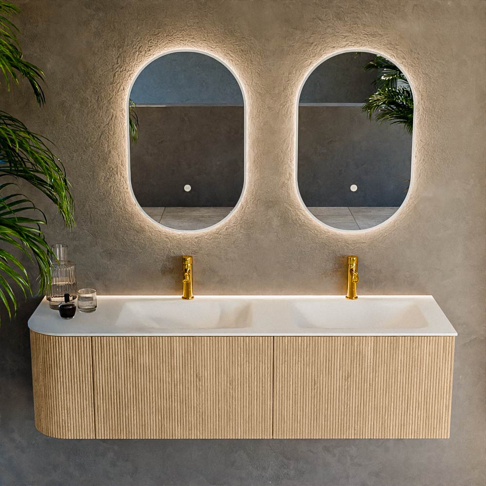 MONDIAZ KURVE 155cm mueble de baño curva Izquierda color Oak con 2 cajones y 1 puerta. Lavabo CLOUD Doble / Derecho 2 orificios Talc. 2 MONDIAZ KURVE 155cm mueble de baño curva Izquierda color Oak con 2 cajones y 1 puerta. Lavabo CLOUD Doble / Derecho 2 orificios Talc. - Imagen 2