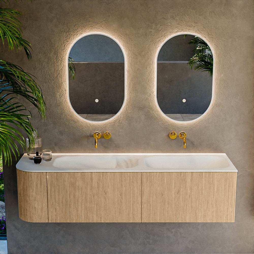 MONDIAZ KURVE 165cm mueble de baño curva Izquierda color Oak con 2 cajones y 1 puerta. Lavabo BIG SMALL Doble / Derecho sin orificio Talc. 2 MONDIAZ KURVE 165cm mueble de baño curva Izquierda color Oak con 2 cajones y 1 puerta. Lavabo BIG SMALL Doble / Derecho sin orificio Talc. - Imagen 2