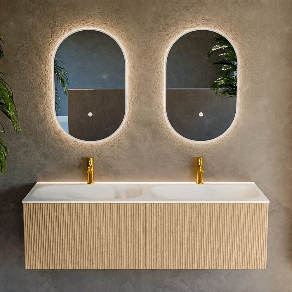 MONDIAZ KURVE 140cm mueble de baño color Oak con 2 cajones y sin puerta. Lavabo BIG SMALL Doble 2 orificios Talc. 2 MONDIAZ KURVE 140cm mueble de baño color Oak con 2 cajones y sin puerta. Lavabo BIG SMALL Doble 2 orificios Talc. - Imagen 2