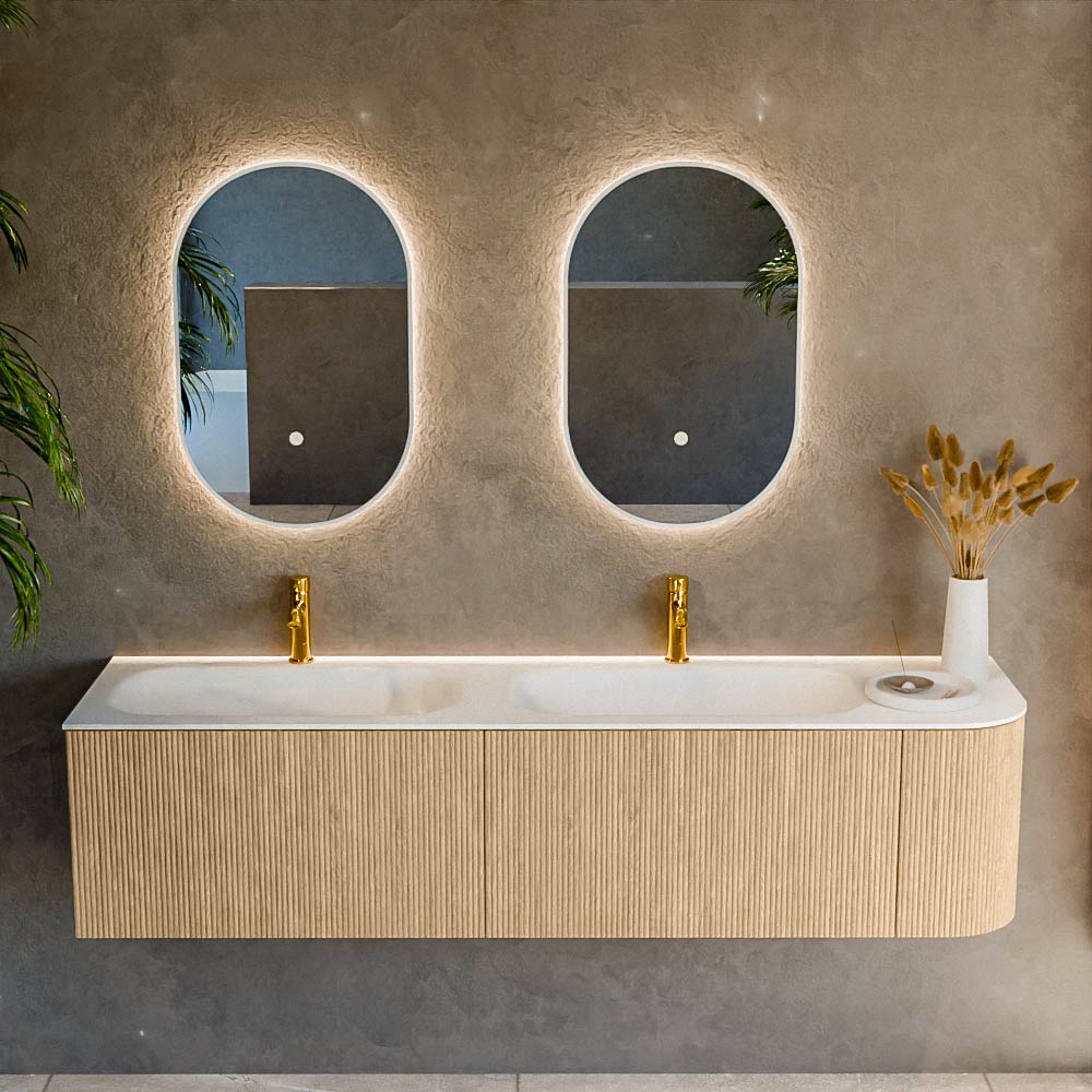 MONDIAZ KURVE 175cm mueble de baño curva Derecha color Oak con 2 cajones y 1 puerta. Lavabo BIG SMALL Doble / Izquierda 2 orificios Talc. 2 MONDIAZ KURVE 175cm mueble de baño curva Derecha color Oak con 2 cajones y 1 puerta. Lavabo BIG SMALL Doble / Izquierda 2 orificios Talc. - Imagen 2