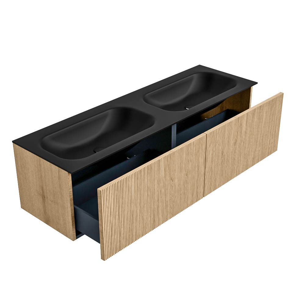 MONDIAZ KURVE 150cm mueble de baño color Oak con 2 cajones y sin puerta. Lavabo BIG SMALL Doble sin orificio Urban. 6 MONDIAZ KURVE 150cm mueble de baño color Oak con 2 cajones y sin puerta. Lavabo BIG SMALL Doble sin orificio Urban. - Imagen 6
