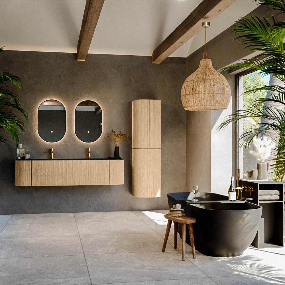 MONDIAZ KURVE 170cm mueble de baño curva Izquierda + Derecha color Oak con 1 cajón y 2 puertas. Lavabo CLOUD Doble 2 orificios Urban. 3 MONDIAZ KURVE 170cm mueble de baño curva Izquierda + Derecha color Oak con 1 cajón y 2 puertas. Lavabo CLOUD Doble 2 orificios Urban. - Imagen 3
