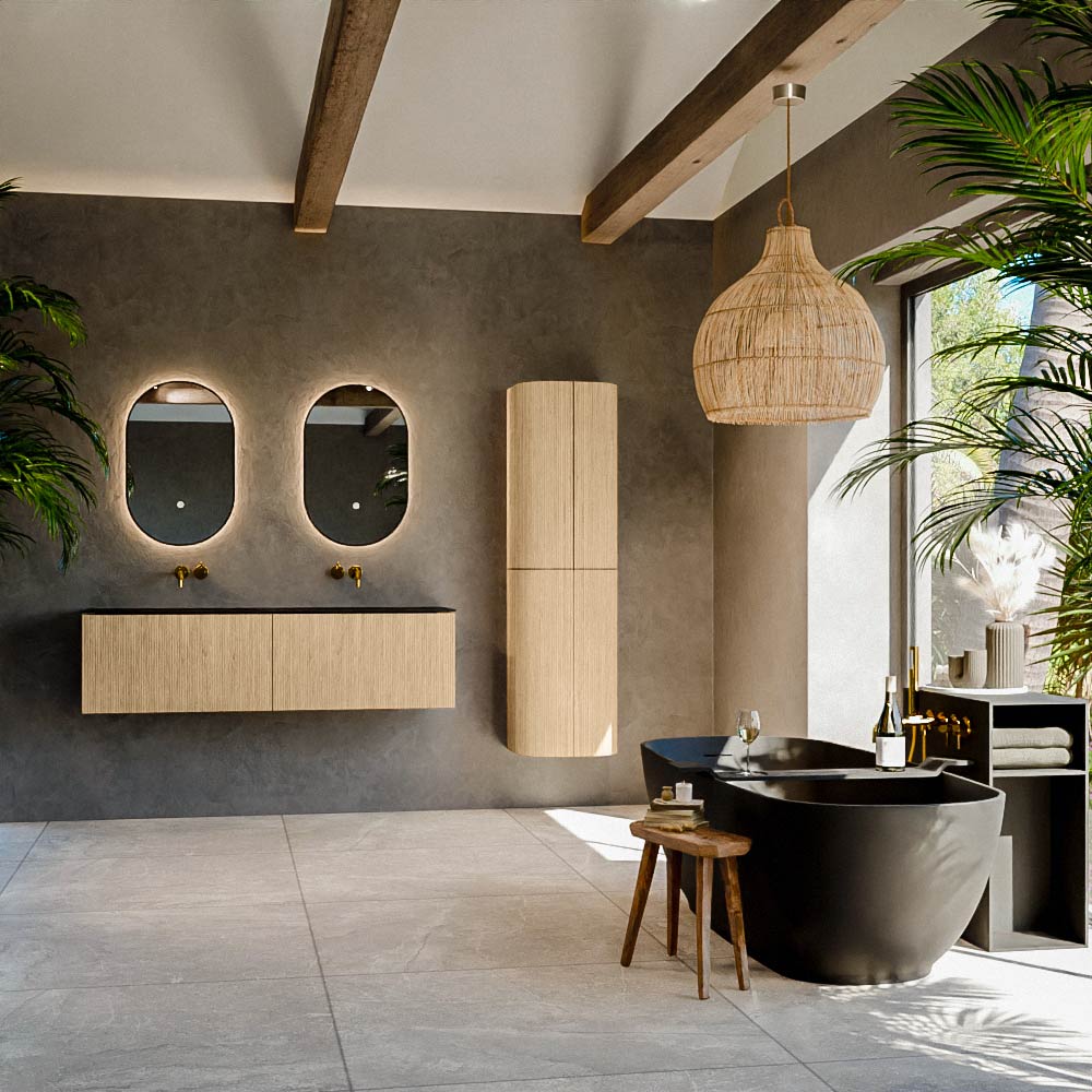 MONDIAZ KURVE 150cm mueble de baño color Oak con 2 cajones y sin puerta. Lavabo BIG SMALL Doble sin orificio Urban. 3 MONDIAZ KURVE 150cm mueble de baño color Oak con 2 cajones y sin puerta. Lavabo BIG SMALL Doble sin orificio Urban. - Imagen 3
