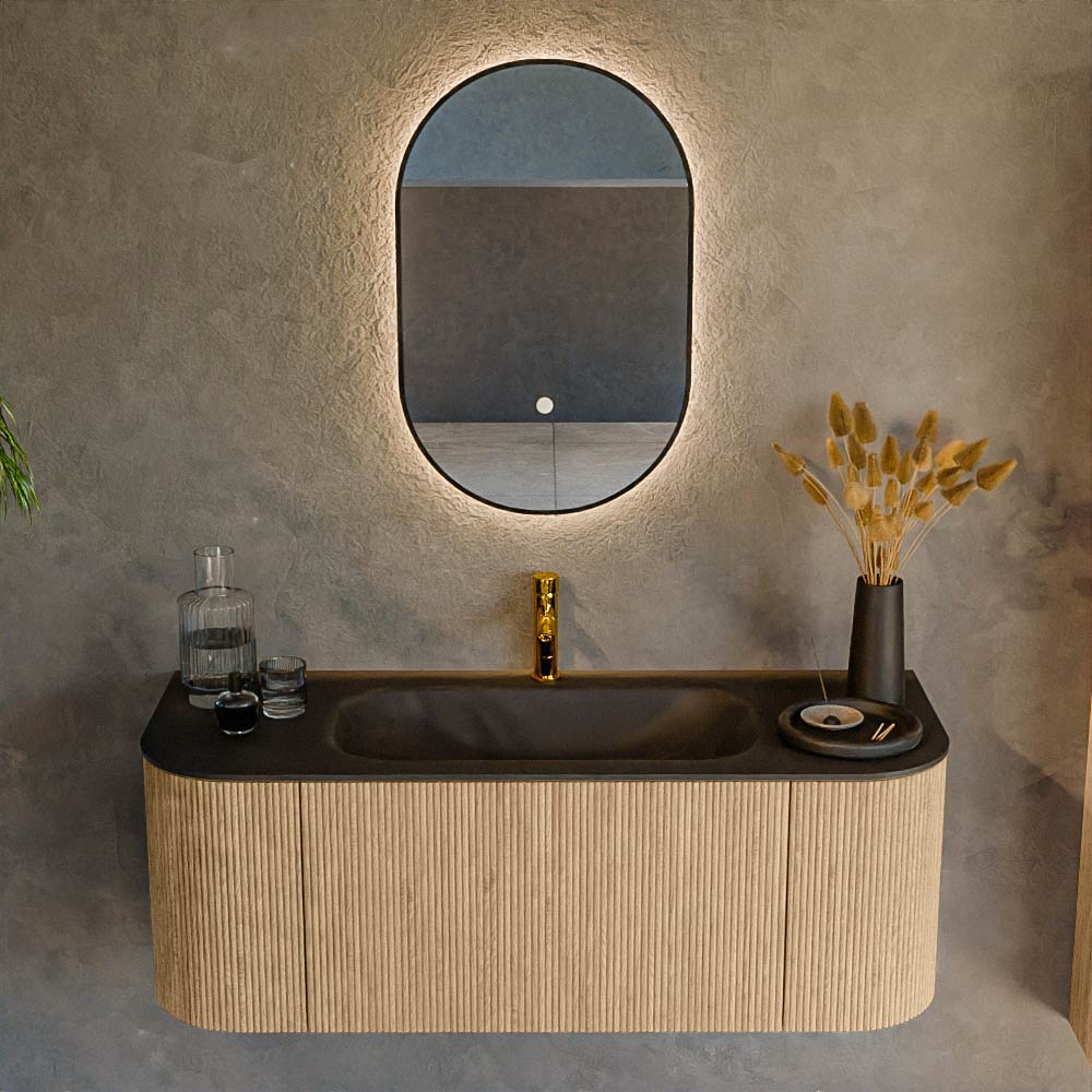 MONDIAZ KURVE 120cm mueble de baño curva Izquierda + Derecha color Oak con 1 cajón y 2 puertas. Lavabo BIG SMALL Centro 1 orificio Urban. 2 MONDIAZ KURVE 120cm mueble de baño curva Izquierda + Derecha color Oak con 1 cajón y 2 puertas. Lavabo BIG SMALL Centro 1 orificio Urban. - Imagen 2
