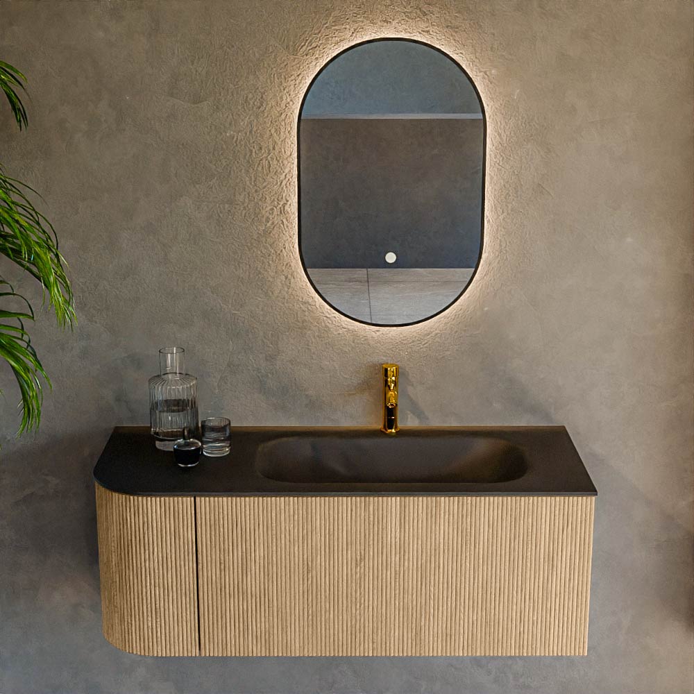 MONDIAZ KURVE 115cm mueble de baño curva Izquierda color Oak con 1 cajón y 1 puerta. Lavabo BIG SMALL Derecho 1 orificio Urban. 2 MONDIAZ KURVE 115cm mueble de baño curva Izquierda color Oak con 1 cajón y 1 puerta. Lavabo BIG SMALL Derecho 1 orificio Urban. - Imagen 2