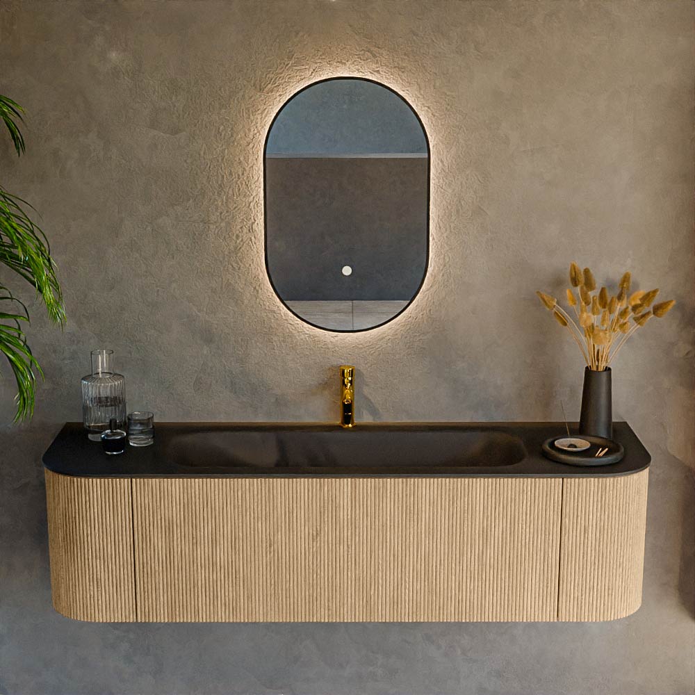 MONDIAZ KURVE 160cm mueble de baño curva Izquierda + Derecha color Oak con 1 cajón y 2 puertas. Lavabo BIG MEDIUM Centro 1 orificio Urban. 2 MONDIAZ KURVE 160cm mueble de baño curva Izquierda + Derecha color Oak con 1 cajón y 2 puertas. Lavabo BIG MEDIUM Centro 1 orificio Urban. - Imagen 2
