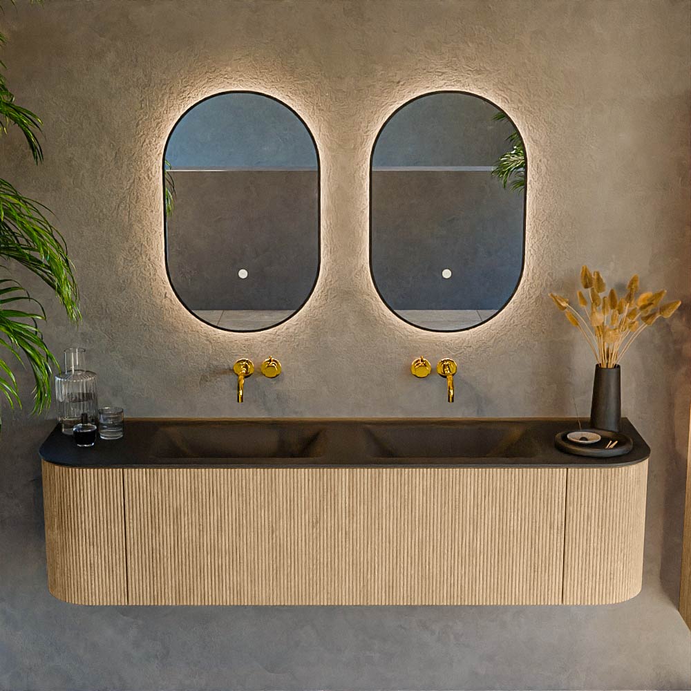 MONDIAZ KURVE 170cm mueble de baño curva Izquierda + Derecha color Oak con 1 cajón y 2 puertas. Lavabo CLOUD Doble sin orificio Urban. 2 MONDIAZ KURVE 170cm mueble de baño curva Izquierda + Derecha color Oak con 1 cajón y 2 puertas. Lavabo CLOUD Doble sin orificio Urban. - Imagen 2