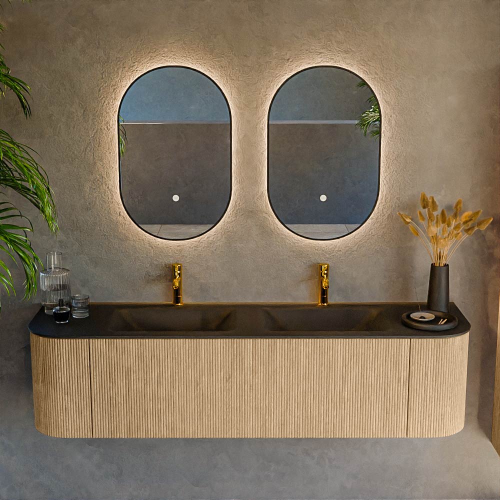 MONDIAZ KURVE 170cm mueble de baño curva Izquierda + Derecha color Oak con 1 cajón y 2 puertas. Lavabo CLOUD Doble 2 orificios Urban. 2 MONDIAZ KURVE 170cm mueble de baño curva Izquierda + Derecha color Oak con 1 cajón y 2 puertas. Lavabo CLOUD Doble 2 orificios Urban. - Imagen 2