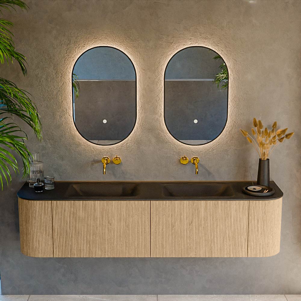 MONDIAZ KURVE 180cm mueble de baño curva Izquierda + Derecha color Oak con 2 cajones y 2 puertas. Lavabo CLOUD Doble sin orificio Urban. 2 MONDIAZ KURVE 180cm mueble de baño curva Izquierda + Derecha color Oak con 2 cajones y 2 puertas. Lavabo CLOUD Doble sin orificio Urban. - Imagen 2