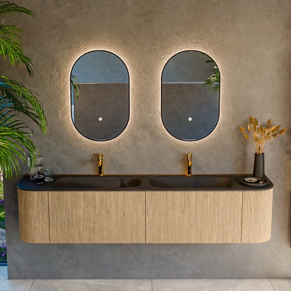 MONDIAZ KURVE 190cm mueble de baño curva Izquierda + Derecha color Oak con 2 cajones y 2 puertas. Lavabo BIG SMALL Doble 2 orificios Urban. 2 MONDIAZ KURVE 190cm mueble de baño curva Izquierda + Derecha color Oak con 2 cajones y 2 puertas. Lavabo BIG SMALL Doble 2 orificios Urban. - Imagen 2