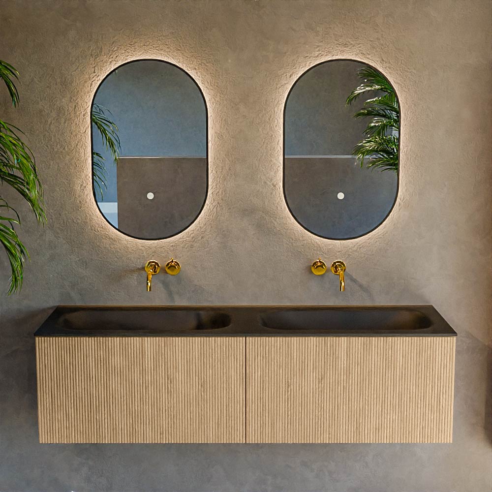 MONDIAZ KURVE 150cm mueble de baño color Oak con 2 cajones y sin puerta. Lavabo BIG SMALL Doble sin orificio Urban. 2 MONDIAZ KURVE 150cm mueble de baño color Oak con 2 cajones y sin puerta. Lavabo BIG SMALL Doble sin orificio Urban. - Imagen 2