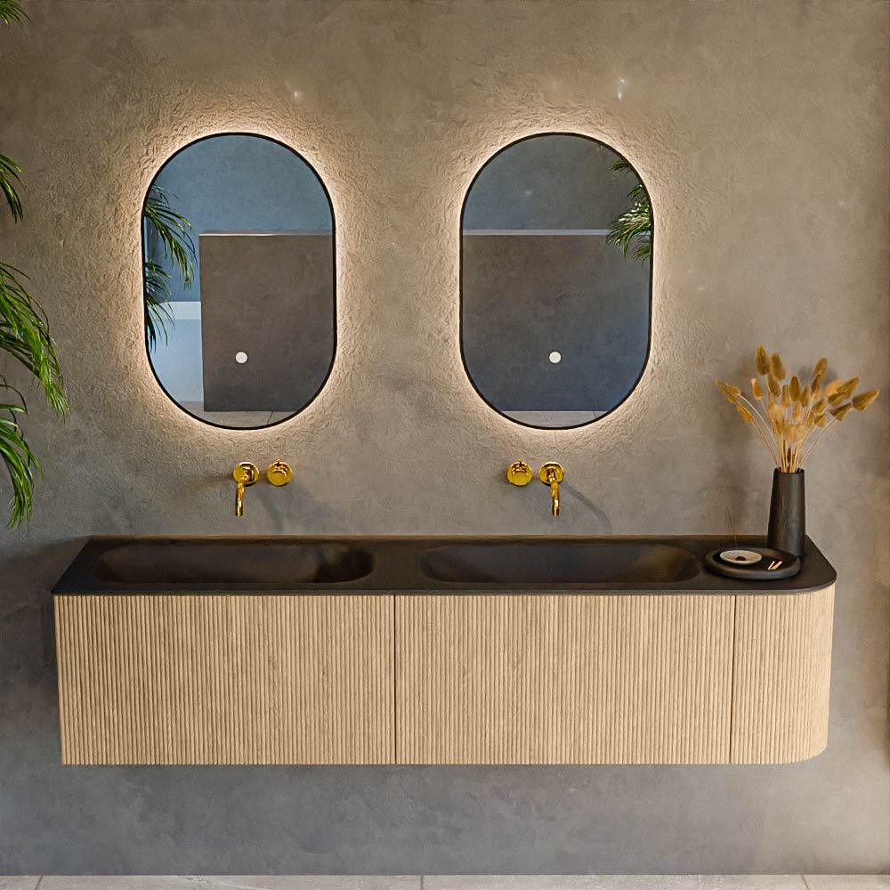 MONDIAZ KURVE 175cm mueble de baño curva Derecha color Oak con 2 cajones y 1 puerta. Lavabo BIG SMALL Doble / Izquierda sin orificio Urban. 2 MONDIAZ KURVE 175cm mueble de baño curva Derecha color Oak con 2 cajones y 1 puerta. Lavabo BIG SMALL Doble / Izquierda sin orificio Urban. - Imagen 2