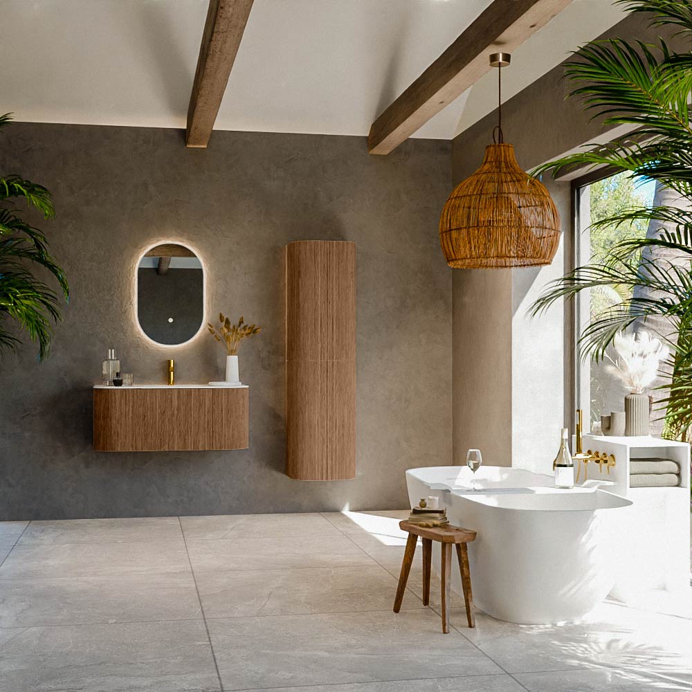 MONDIAZ KURVE 100cm mueble de baño curva Izquierda + Derecha color Walnut con 1 cajón y 2 puertas. Lavabo GRUNNE Centro 1 orificio Talc. 3 MONDIAZ KURVE 100cm mueble de baño curva Izquierda + Derecha color Walnut con 1 cajón y 2 puertas. Lavabo GRUNNE Centro 1 orificio Talc. - Imagen 3