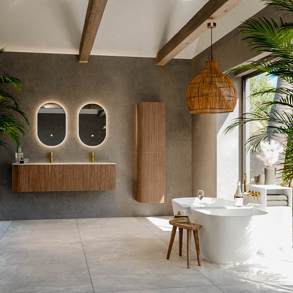 MONDIAZ KURVE 155cm mueble de baño curva Izquierda color Walnut con 2 cajones y 1 puerta. Lavabo CLOUD Doble / Derecho 2 orificios Talc. 3 MONDIAZ KURVE 155cm mueble de baño curva Izquierda color Walnut con 2 cajones y 1 puerta. Lavabo CLOUD Doble / Derecho 2 orificios Talc. - Imagen 3