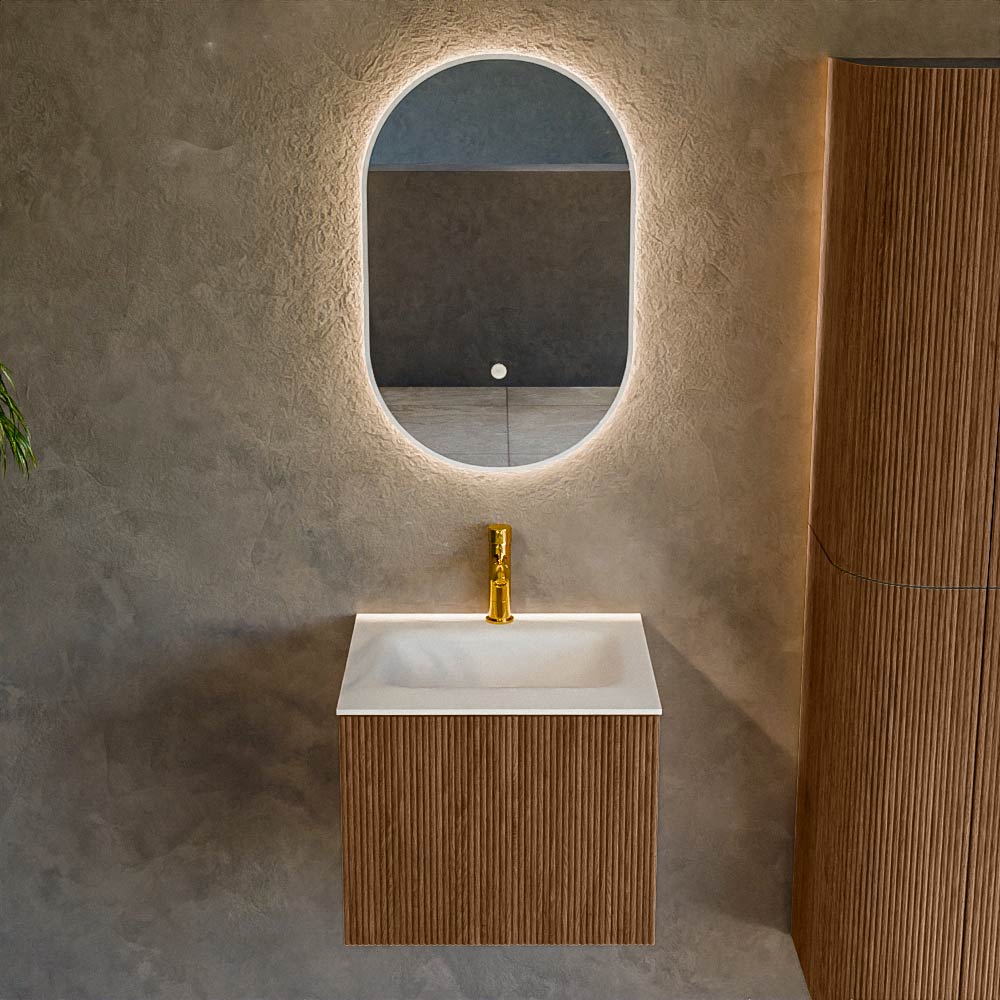 MONDIAZ KURVE 50cm mueble de baño color Walnut con 1 cajón y sin puerta. Lavabo GRUNNE Centro 1 orificio Talc. 2 MONDIAZ KURVE 50cm mueble de baño color Walnut con 1 cajón y sin puerta. Lavabo GRUNNE Centro 1 orificio Talc. - Imagen 2