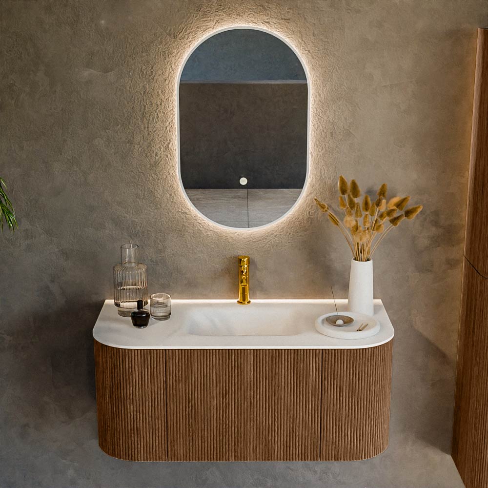 MONDIAZ KURVE 100cm mueble de baño curva Izquierda + Derecha color Walnut con 1 cajón y 2 puertas. Lavabo GRUNNE Centro 1 orificio Talc. 2 MONDIAZ KURVE 100cm mueble de baño curva Izquierda + Derecha color Walnut con 1 cajón y 2 puertas. Lavabo GRUNNE Centro 1 orificio Talc. - Imagen 2