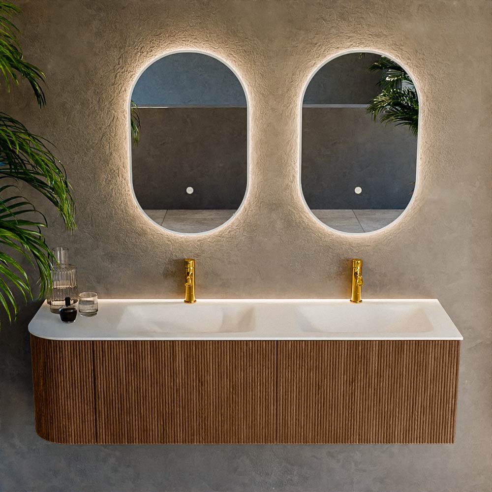 MONDIAZ KURVE 155cm mueble de baño curva Izquierda color Walnut con 2 cajones y 1 puerta. Lavabo CLOUD Doble / Derecho 2 orificios Talc. 2 MONDIAZ KURVE 155cm mueble de baño curva Izquierda color Walnut con 2 cajones y 1 puerta. Lavabo CLOUD Doble / Derecho 2 orificios Talc. - Imagen 2