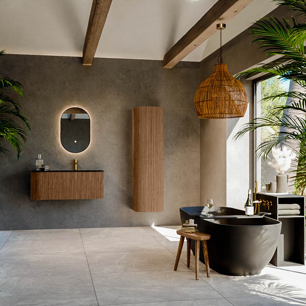 MONDIAZ KURVE 105cm mueble de baño curva Izquierda color Walnut con 1 cajón y 1 puerta. Lavabo BIG SMALL Derecho 1 orificio Urban. 3 MONDIAZ KURVE 105cm mueble de baño curva Izquierda color Walnut con 1 cajón y 1 puerta. Lavabo BIG SMALL Derecho 1 orificio Urban. - Imagen 3