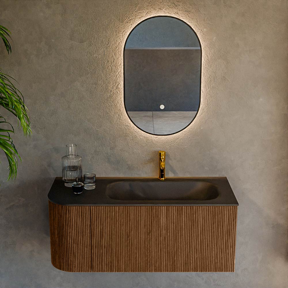 MONDIAZ KURVE 105cm mueble de baño curva Izquierda color Walnut con 1 cajón y 1 puerta. Lavabo BIG SMALL Derecho 1 orificio Urban. 2 MONDIAZ KURVE 105cm mueble de baño curva Izquierda color Walnut con 1 cajón y 1 puerta. Lavabo BIG SMALL Derecho 1 orificio Urban. - Imagen 2