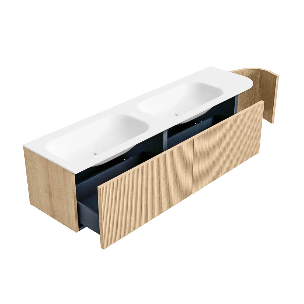 MONDIAZ KURVE 175cm mueble de baño curva Derecha color Oak con 2 cajones y 1 puerta. Lavabo BIG SMALL Doble / Izquierda 2 orificios Talc. 6 MONDIAZ KURVE 175cm mueble de baño curva Derecha color Oak con 2 cajones y 1 puerta. Lavabo BIG SMALL Doble / Izquierda 2 orificios Talc. - Imagen 6
