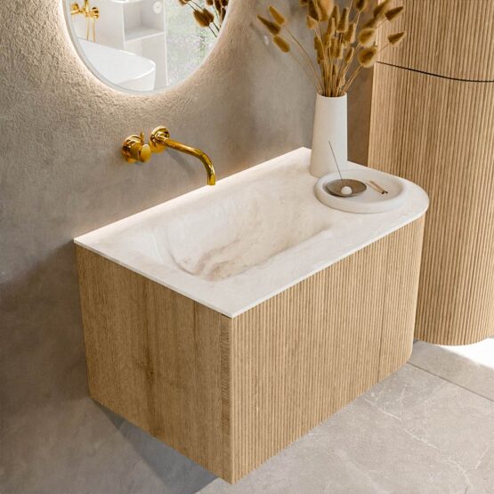 MONDIAZ KURVE-DLUX 75cm mueble de baño curva Derecha color Oak con 1 cajón y 1 puerta. Lavabo GRUNNE Izquierda sin orificio Frappe.