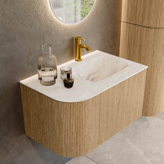 MONDIAZ KURVE-DLUX 75cm mueble de baño curva Izquierda color Oak con 1 cajón y 1 puerta. Lavabo GRUNNE Derecho 1 orificio Frappe.