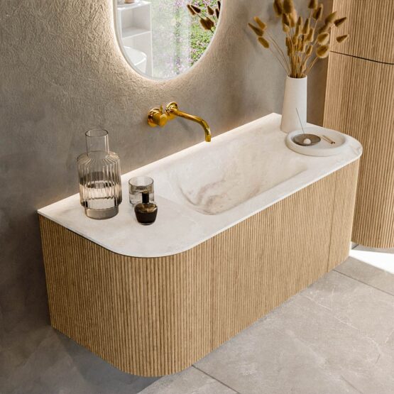 MONDIAZ KURVE-DLUX 110cm mueble de baño curva Izquierda + Derecha color Oak con 1 cajón y 2 puertas. Lavabo CLOUD Centro sin orificio Frappe.