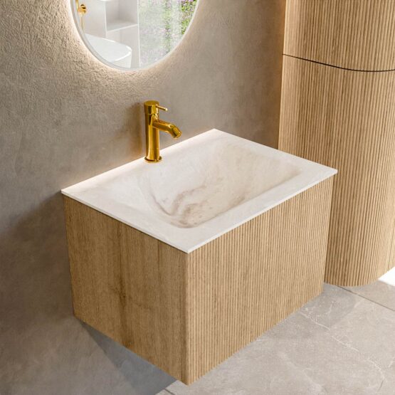 MONDIAZ KURVE-DLUX 60cm mueble de baño  color Oak con 1 cajón y sin puerta. Lavabo CLOUD Centro 1 orificio Frappe.