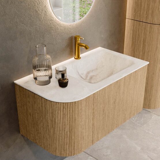 MONDIAZ KURVE-DLUX 85cm mueble de baño curva Izquierda color Oak con 1 cajón y 1 puerta. Lavabo CLOUD Derecho 1 orificio Frappe.