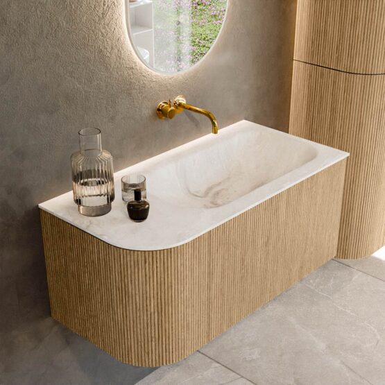 MONDIAZ KURVE-DLUX 95cm mueble de baño curva Izquierda color Oak con 1 cajón y 1 puerta. Lavabo BIG SMALL Derecho sin orificio Frappe.