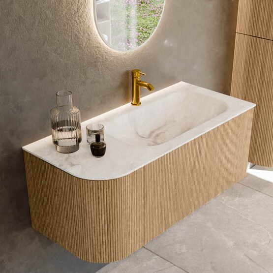 MONDIAZ KURVE-DLUX 105cm mueble de baño curva Izquierda color Oak con 1 cajón y 1 puerta. Lavabo BIG SMALL Derecho 1 orificio Frappe.
