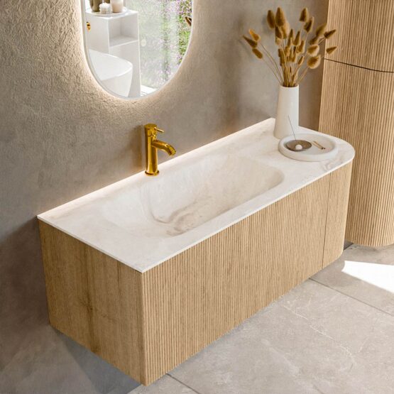 MONDIAZ KURVE-DLUX 115cm mueble de baño curva Derecha color Oak con 1 cajón y 1 puerta. Lavabo BIG SMALL Izquierda 1 orificio Frappe.
