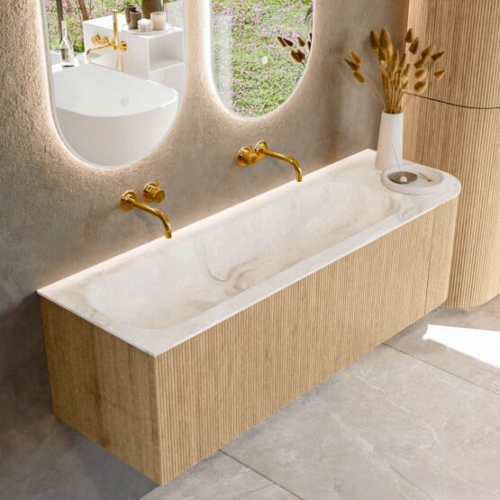 MONDIAZ KURVE-DLUX 145cm mueble de baño curva Derecha color Oak con 1 cajón y 1 puerta. Lavabo BIG LARGE Izquierda sin orificio Frappe.