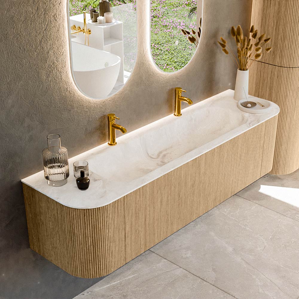 MONDIAZ KURVE-DLUX 170cm mueble de baño curva Izquierda + Derecha color Oak con 1 cajón y 2 puertas. Lavabo BIG LARGE Centro 2 orificios Frappe. 1 MONDIAZ KURVE-DLUX 170cm mueble de baño curva Izquierda + Derecha color Oak con 1 cajón y 2 puertas. Lavabo BIG LARGE Centro 2 orificios Frappe.