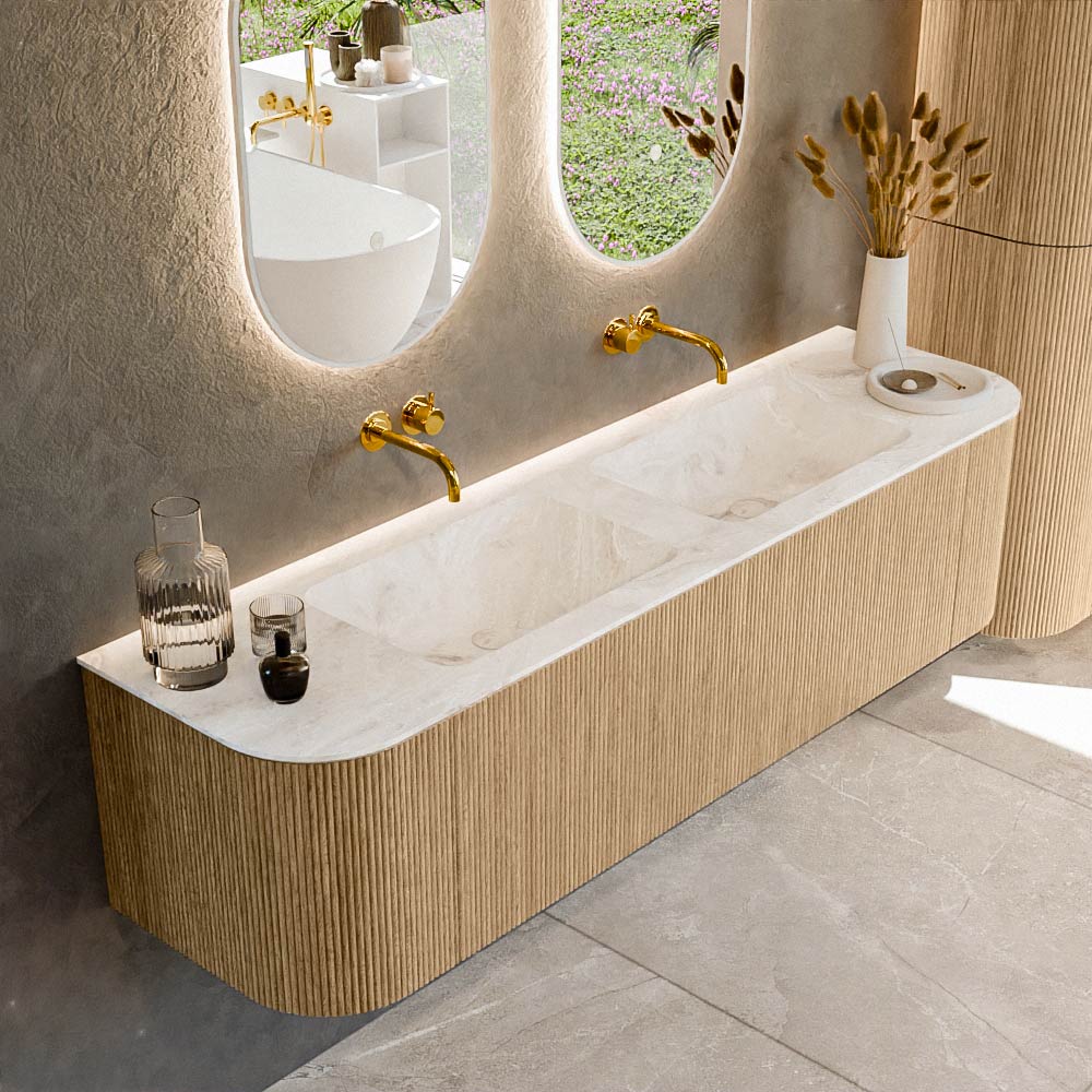 MONDIAZ KURVE-DLUX 170cm mueble de baño curva Izquierda + Derecha color Oak con 1 cajón y 2 puertas. Lavabo LEAF Doble sin orificio Frappe. 1 MONDIAZ KURVE-DLUX 170cm mueble de baño curva Izquierda + Derecha color Oak con 1 cajón y 2 puertas. Lavabo LEAF Doble sin orificio Frappe.