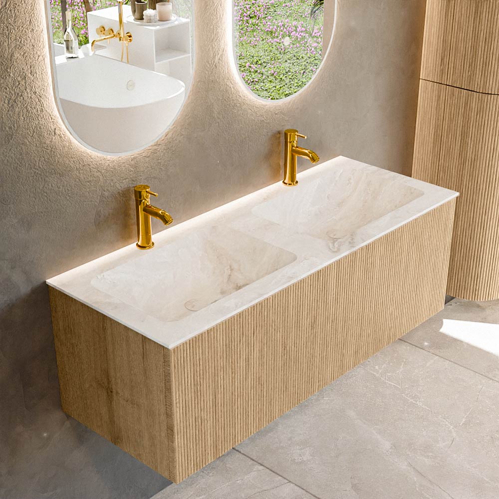 MONDIAZ KURVE-DLUX 120cm mueble de baño color Oak con 1 cajón y sin puerta. Lavabo LEAF Doble 2 orificios Frappe. 1 MONDIAZ KURVE-DLUX 120cm mueble de baño color Oak con 1 cajón y sin puerta. Lavabo LEAF Doble 2 orificios Frappe.