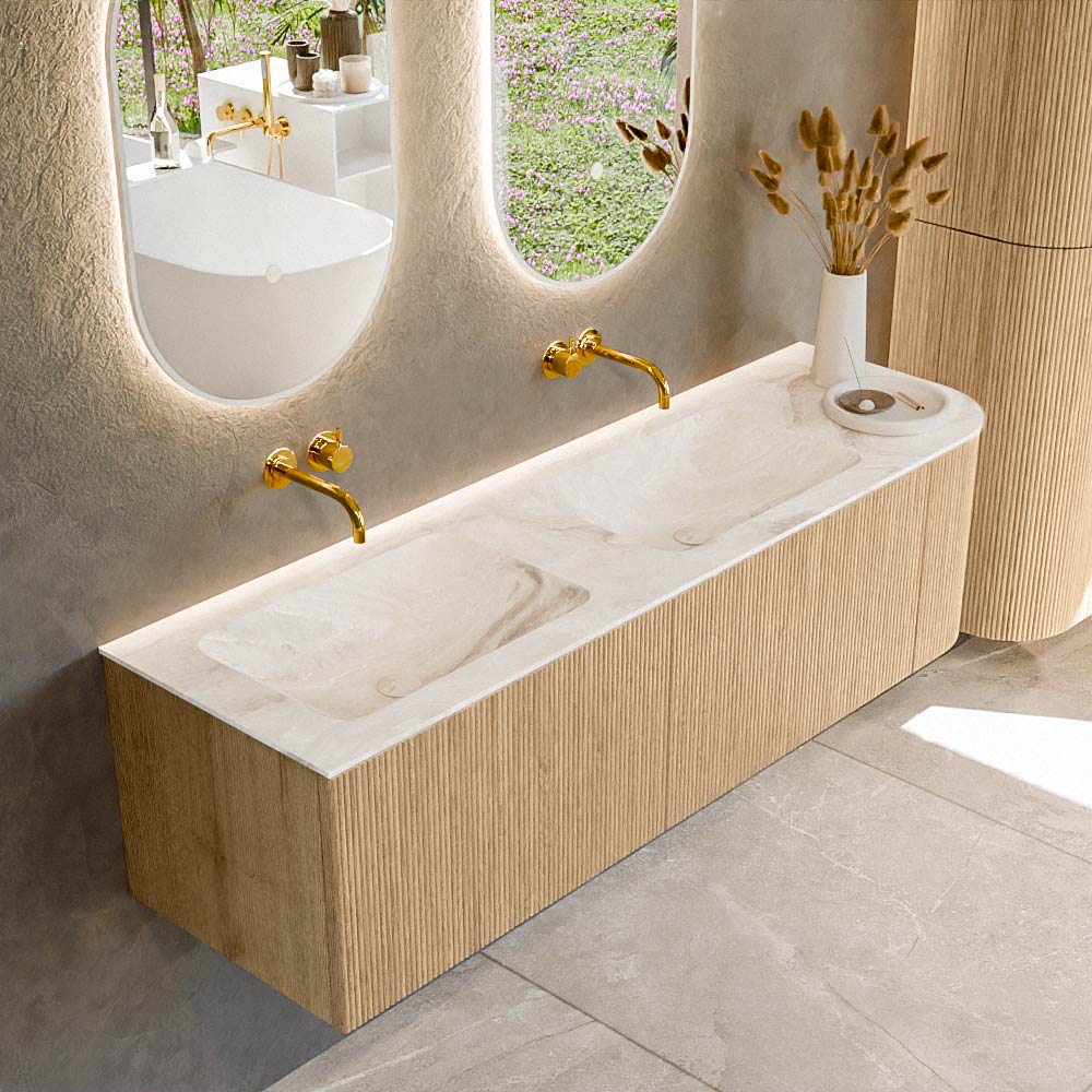 MONDIAZ KURVE-DLUX 155cm mueble de baño curva Derecha color Oak con 2 cajones y 1 puerta. Lavabo LEAF Doble / Izquierda sin orificio Frappe. 1 MONDIAZ KURVE-DLUX 155cm mueble de baño curva Derecha color Oak con 2 cajones y 1 puerta. Lavabo LEAF Doble / Izquierda sin orificio Frappe.