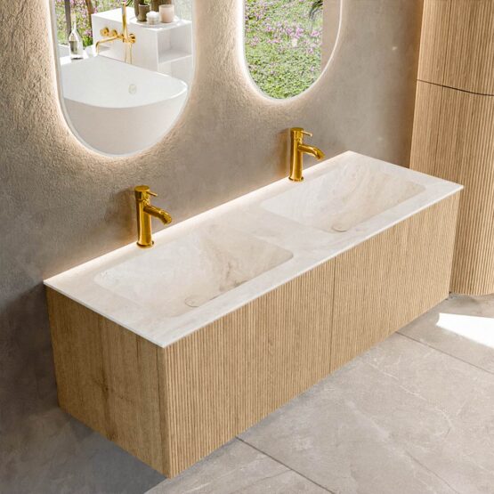 MONDIAZ KURVE-DLUX 130cm mueble de baño  color Oak con 2 cajones y sin puerta. Lavabo LEAF Doble 2 orificios Frappe.