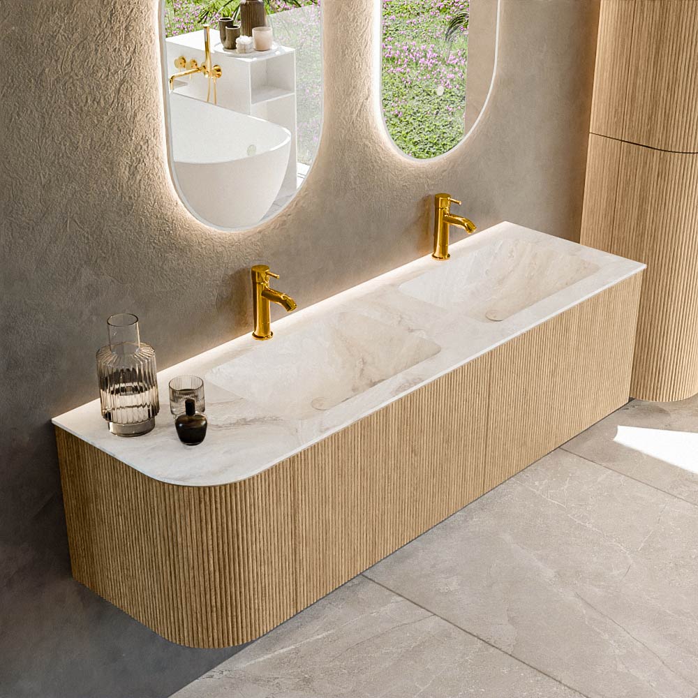 MONDIAZ KURVE-DLUX 155cm mueble de baño curva Izquierda color Oak con 2 cajones y 1 puerta. Lavabo LEAF Doble / Derecho 2 orificios Frappe. 1 MONDIAZ KURVE-DLUX 155cm mueble de baño curva Izquierda color Oak con 2 cajones y 1 puerta. Lavabo LEAF Doble / Derecho 2 orificios Frappe.