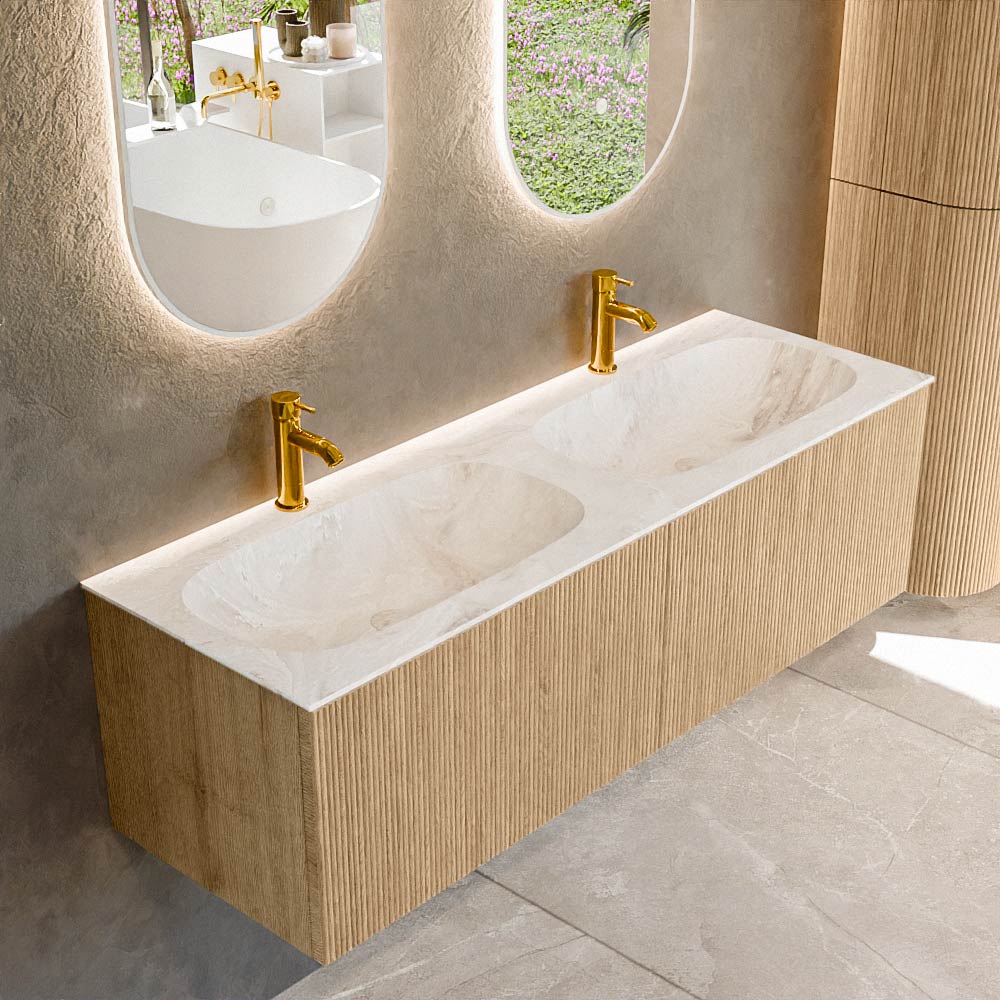 MONDIAZ KURVE-DLUX 140cm mueble de baño color Oak con 2 cajones y sin puerta. Lavabo STOR SMALL Doble 2 orificios Frappe. 1 MONDIAZ KURVE-DLUX 140cm mueble de baño color Oak con 2 cajones y sin puerta. Lavabo STOR SMALL Doble 2 orificios Frappe.